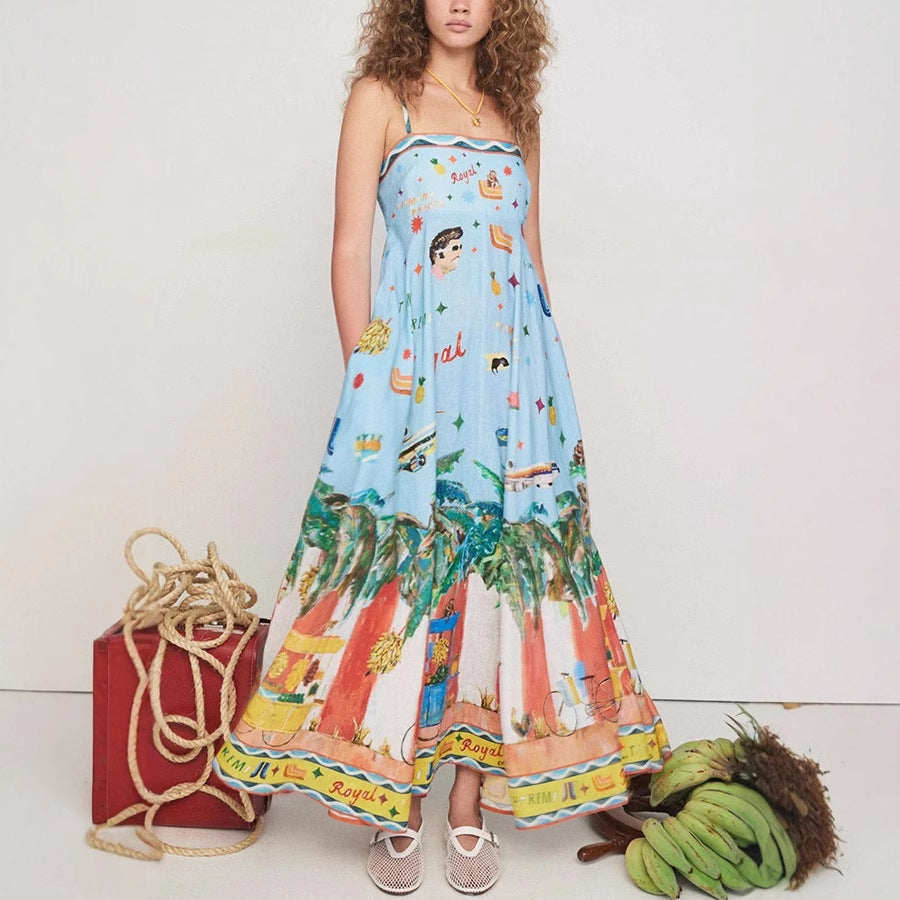 Variant image for Lena Damen Maxikleid Sommer - Graffiti-Print, Empire Taille, Spaghetti-Träger, Lange Kleider für Freizeit und Urlaub-1