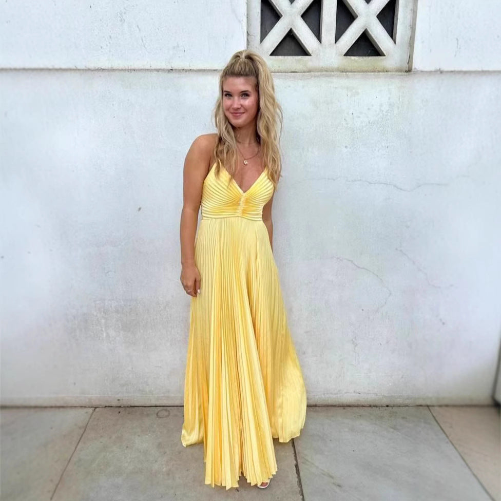 Lena Maxikleid Sommer Damen – Elegantes Satin-Kleid mit V-Ausschnitt und Faltenrock für Festliche Anlässe-2