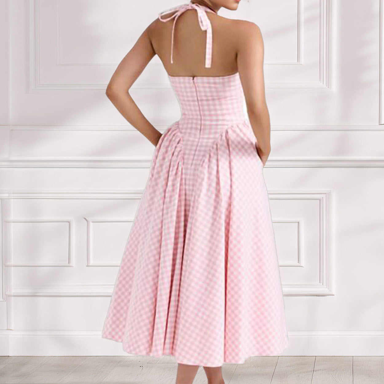 Lena Damen Halter Neck Kleid - Slim Fit Midi V-Ausschnitt - Elegantes Sommerkleid für Gartenpartys-3